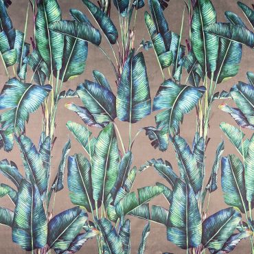 Curtain Velvet Grey and Duck Egg Tropical Leaves Floral Curtain and Upholstery Fabric