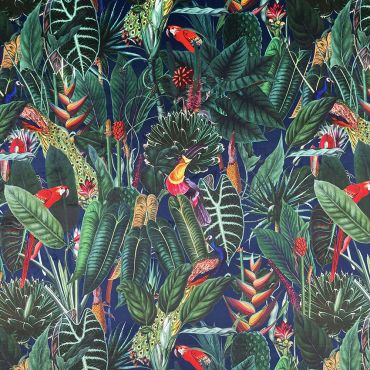 Curtain Velvet Navy Blue Green Tropical Rainforest Animals Floral Curtain and Upholstery Fabric
