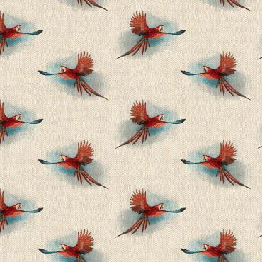 Red Parrots Linen Effect Crafting All Over Curtain Fabric