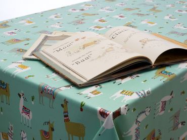 Duck Egg Green Alpacas Oilcloth Wipe Clean Tablecloth