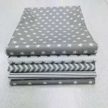 100% Cotton Grey and White- 5 x Half Metre Fabrics-Stars, Spots, Stripes and Chevrons