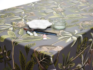 Smoke Grey Tropical Monkeys Matt Finish Oilcloth Wipe Clean Tablecloth