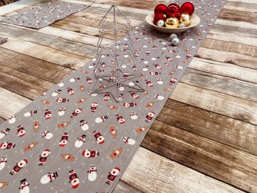 Grey Snowmen, Santa and Reindeer Christmas Cotton Fabric Table Runner