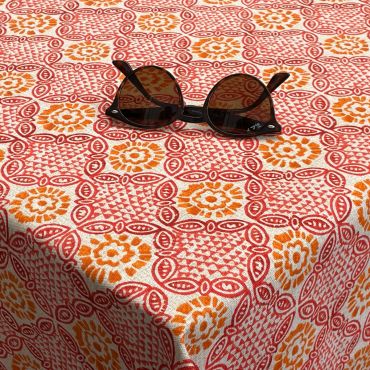 Burnt Orange and Red Mykonos Mosaic Floral Matte Wipe Clean Oilcloth Tablecloth