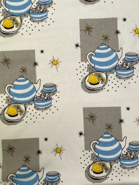 Natural and Duck egg Afternoon Tea Party Cotton Curtain and Upholstery Fabric