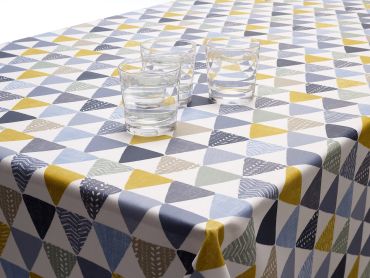Ochre Grey Duck Egg Funky Triangles Matte Finish Oilcloth Wipe Clean Tablecloth