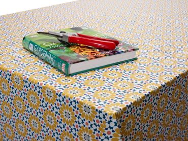 10% OFF - 140cm Diameter Round - Ochre Yellow and Duck egg Floral Mosaic PVC Vinyl Wipe Clean Tablecloth