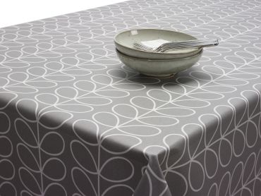 20% OFF - For 85cm Diameter Round Table - Elasticated Edges - Orla Kiely Linear Stem Light Grey Oilcloth Tablecloth Matte Finish