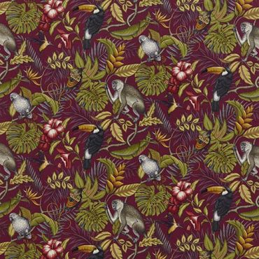 Rainforest Cranberry Tropical Toucans and Monkeys 100% Cotton Curtain and Upholstery Fabric