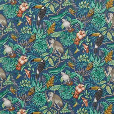 Blue Rainforest Marine Tropical Toucans and Monkeys 100% Cotton Curtain and Upholstery Fabric