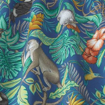 Blue Rainforest Marine Tropical Toucans and Monkeys 100% Cotton Curtain and Upholstery Fabric