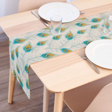 Linen Duck Egg Peacock Feathers Fabric Table Runner