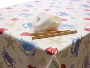 Blue Red Taupe Seashells and Crabs Oilcloth Wipe Clean Tablecloth