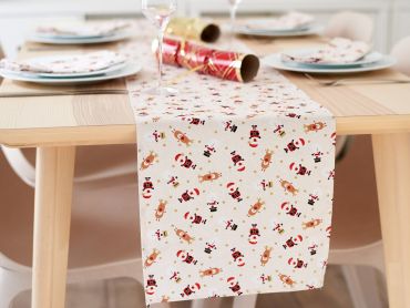 Cream Snowmen, Santa and Reindeer Christmas Cotton Fabric Table Runner