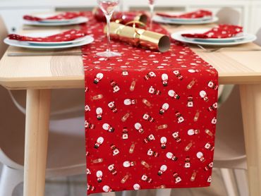 Red Snowmen, Santa and Reindeer Christmas Cotton Fabric Table Runner