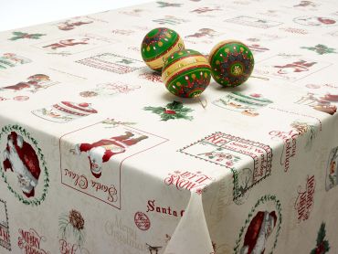 Beige Merry Christmas Santa and Holly PVC Vinyl Wipe Clean Tablecloth