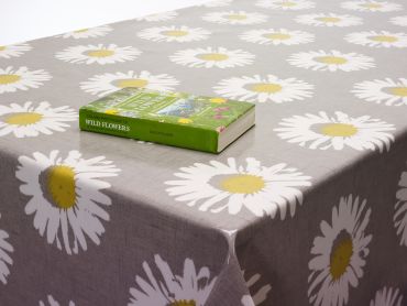 Grey and White Daisy Capri Chartreuse Floral Oilcloth Wipe Clean Tablecloth