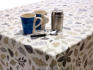 Cream and Grey Acorns and Leaves Oilcloth Wipeclean Tablecloth Sample Available 