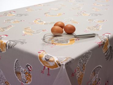 Taupe Chickens Rooster Oilcloth Tablecloth