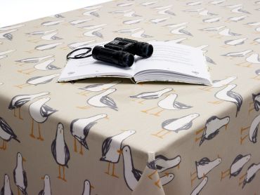 Taupe and White Seagulls Oilcloth Wipe Clean Tablecloth