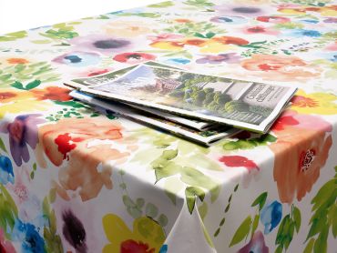Green Pink and Yellow Watercolour Floral PVC Vinyl Wipe Clean Tablecloth