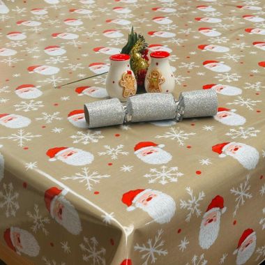 Beige Christmas Happy Santa and Snowflake Oilcloth Wipe Clean Festive Tablecloth