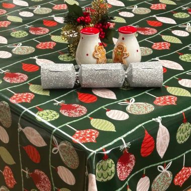 Green Multi Funky Baubles Christmas Oilcloth Wipe Clean Tablecloth