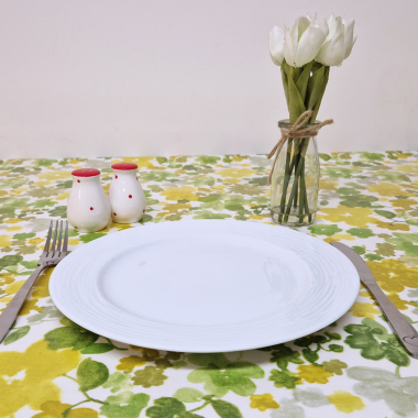 Sage Yellow Green Leaves Oilcloth Wipe Clean Tablecloth Matte Finish