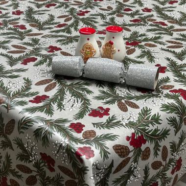 Grey and Red Christmas Wreath PVC Vinyl Wipe Clean Tablecloth