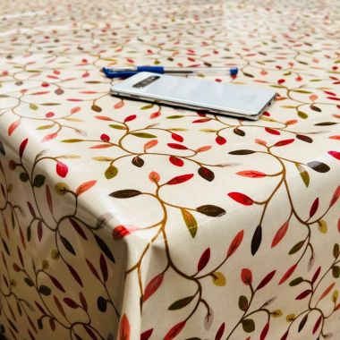 Cream and Multi Leaves and Stems Floral Oilcloth WITH BIAS-BINDING HEMMED EDGING Wipe Clean Tablecloth