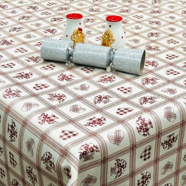 Red Christmas, Checked Hearts And Flowers PVC Vinyl Wipe Clean Tablecloth