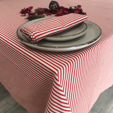 Linen and Red Stripe Fabric Tablecloth