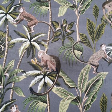 Grey Smoke Tropical Monkeys 100% Cotton Curtain and Upholstery Fabric