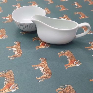 Duck Egg Tigers Matte Finish Wipe Clean Oilcloth WITH BIAS-BINDING HEMMED EDGING Tablecloth