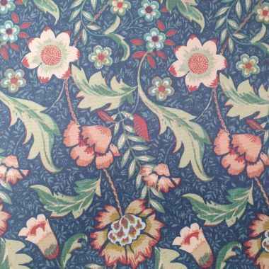 Royal Blue and Beige Morris Floral Matte Finish Wipe Clean Oilcloth WITH BIAS-BINDING HEMMED EDGING Tablecloth