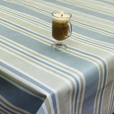 Sage and Powder Blue Stripes Matt Coated Wipe Clean Oilcloth Tablecloth