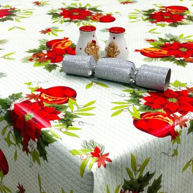 Green Christmas, Red Poinsettia And Pomegranate PVC Vinyl Wipe Clean Tablecloth