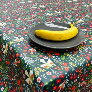 Navy Blue Floral Swooping Birds Oilcloth Matte Finish Wipe Clean Tablecloth