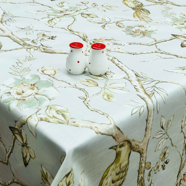 Duck Egg Blossom and Birds Wipe Clean Oilcloth Matt Coated Tablecloth