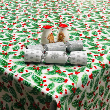 Festive Floral Holly Christmas Oilcloth Wipe Clean Xmas Tablecloth