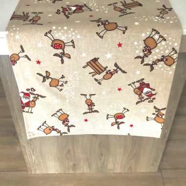 Beige Santa Reindeer Christmas Fabric Table Runner 25cm x 210cm