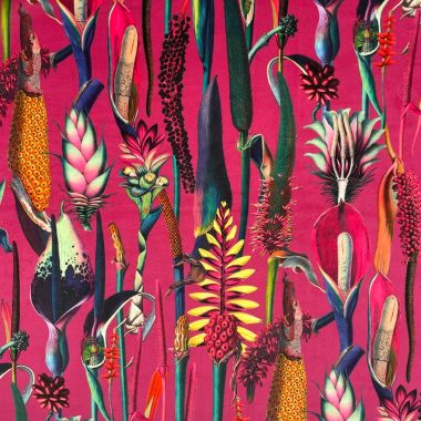 Curtain Velvet Botanic Floral Cerise Pink Curtain and Upholstery Fabric