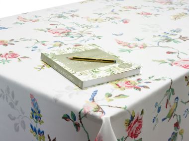10% OFF - 110cm x 150cm - White Bias Binding - Cath Kidston Bird and Roses Multi Oilcloth Tablecloth