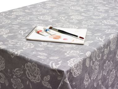 Grey Bird Garden Floral Oilcloth Wipe Clean Tablecloth Matte Finish