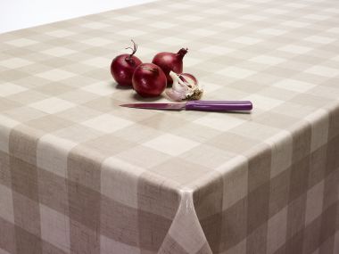 Cream and Taupe Large Gingham Check Oilcloth WITH BIAS-BINDING HEMMED EDGING Wipe Clean Tablecloth