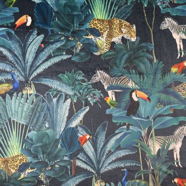 Velvet Curtain Duck Egg Grey Leopards, Toucan, Zebras, Tropical Floral Curtain and Upholstery Fabric