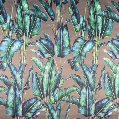 Curtain Velvet Grey and Duck Egg Tropical Leaves Floral Curtain and Upholstery Fabric