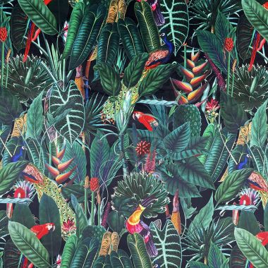 Curtain Velvet Black Green Rainforest Tropical Animals Floral Curtain and Upholstery Fabric