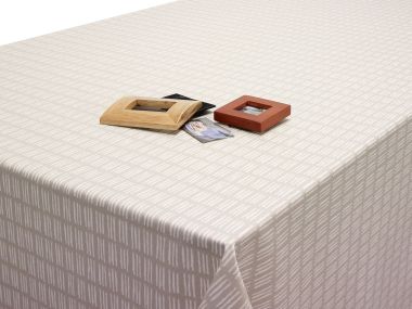 30% OFF - 94cm x 94cm - Boxed Corners, 15cm Overhang - Taupe Bias Binding - Ditto Taupe Scandinavian Matt Finish Oilcloth Wipe Clean Tablecloth