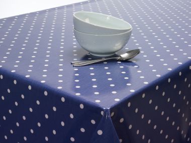 10% OFF - 132cm x 190cm - Dotty Denim Blue Oilcloth Wipe Clean Tablecloth with Blue Bias Binding and rounded Corners